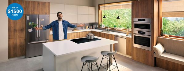 Modern kitchen with matching fridge, cooker and microwave surrounded by sleek cabinets in warm wood and an off-white tone